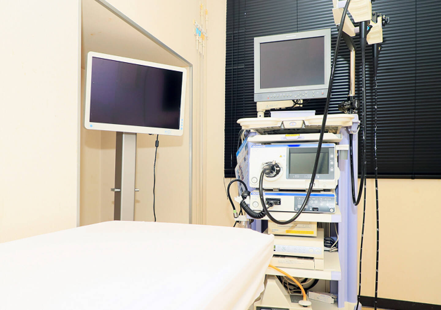 内視鏡検査用の機器とベッドが設置された検査室の内部